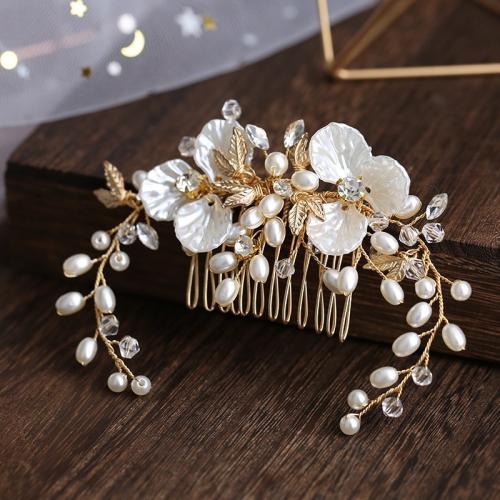 Decorative Hair Combs, Plastic Pearl, with brass wire & Crystal, fashion jewelry & for woman, golden 