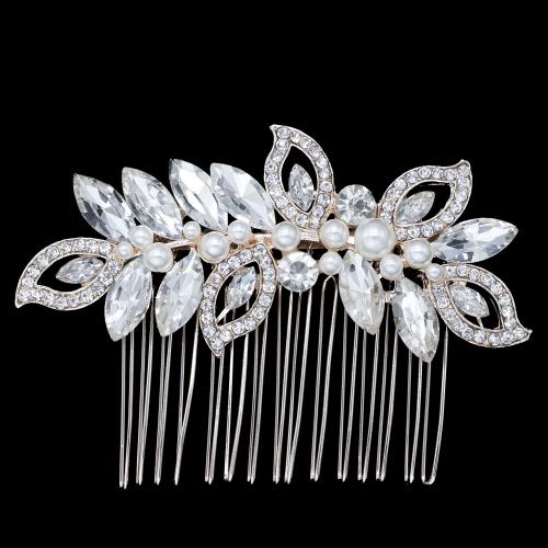 Decorative Hair Combs, Rhinestone, with brass wire & Crystal & Plastic Pearl, fashion jewelry & for woman 