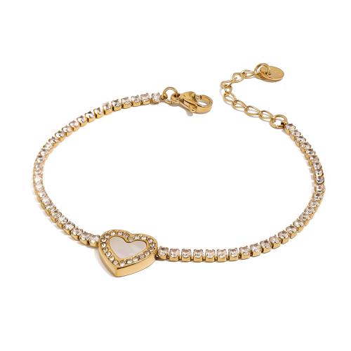 Pulseras de acero inoxidable, acero inoxidable 304, con 5cm extender cadena, Corazón, Recubrimiento iónico al vacío, Joyería & para mujer & con diamantes de imitación, dorado, 11.1mm, longitud:aproximado 17 cm, Vendido por UD