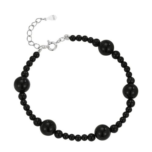 Sterling Silver Bracelets, 925 Sterling Silver, with Black Agate, with 3CM extender chain, for woman, black Approx 16 cm 