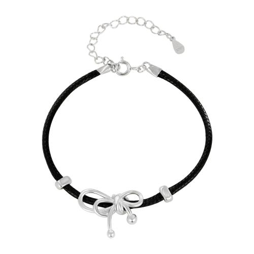 Sterling Silver Bracelets, 925 Sterling Silver, with leather cord, with 3CM extender chain, Bowknot, for woman, black Approx 16 cm 