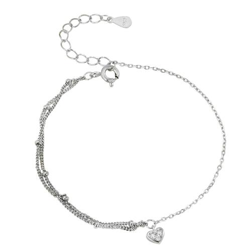 Cubic Zirconia Micro Pave Sterling Silver Bracelet, 925 Sterling Silver, with 3CM extender chain, Heart, micro pave cubic zirconia & for woman, silver color Approx 16 cm 