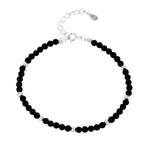 Sterling Silver Bracelets, 925 Sterling Silver, with Black Agate, with 3CM extender chain, for woman, silver color Approx 16 cm 