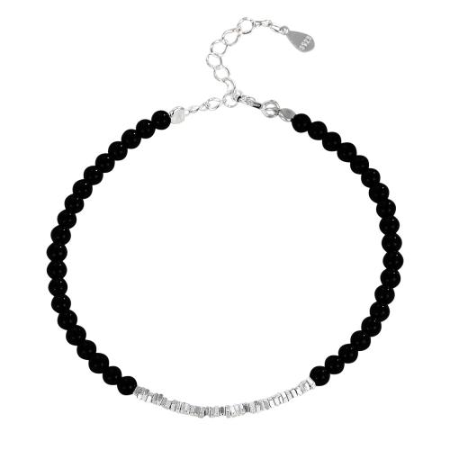 Sterling Silver Bracelets, 925 Sterling Silver, with Black Agate, with 3CM extender chain, for woman, black Approx 16 cm 