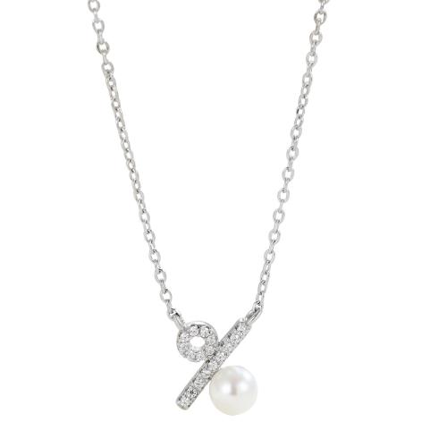 Cubic Zirconia Micro Pave Sterling Silver Necklace, 925 Sterling Silver, with Plastic Pearl, micro pave cubic zirconia & for woman, silver color 