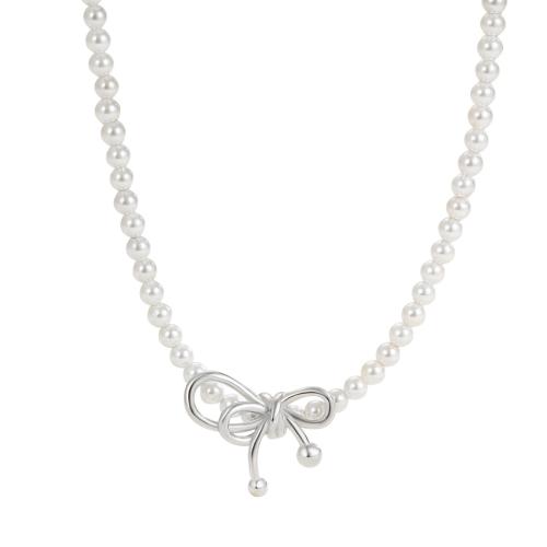 Sterling Silver Jewelry Necklace, 925 Sterling Silver, with Shell Pearl, with 5CM extender chain, Bowknot & for woman, white Approx 35 cm 