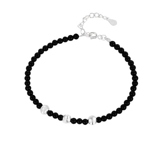 Sterling Silver Bracelets, 925 Sterling Silver, with Black Agate, with 3CM extender chain, for woman, black Approx 16 cm 