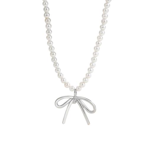 Sterling Silver Jewelry Necklace, 925 Sterling Silver, with Plastic Pearl, with 5CM extender chain, Bowknot, for woman, white Approx 38 cm 