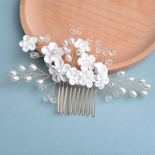 Decorative Hair Combs, Plastic Pearl, with brass wire & Polymer Clay & Crystal, fashion jewelry & for woman, golden 