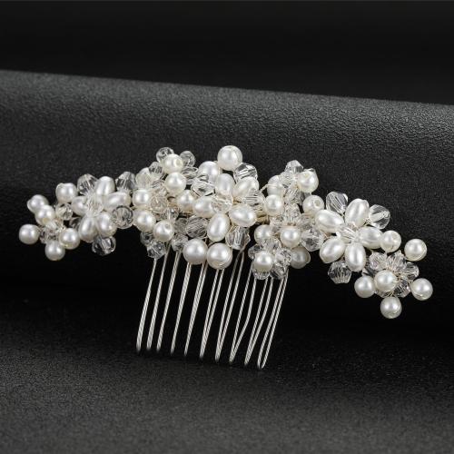 Decorative Hair Combs, Plastic Pearl, with brass wire & Crystal, fashion jewelry & for woman 