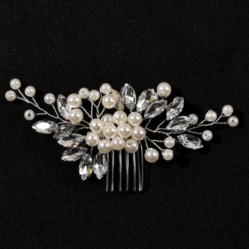 Decorative Hair Combs, Plastic Pearl, with brass wire & Rhinestone, fashion jewelry & for woman 