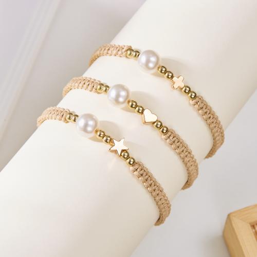 Moda pulseras de la aleación de Zinc, con Cordón de cera & Perlas plásticas, chapado en color dorado, Ajustable & diferentes estilos para la opción & para mujer, más colores para la opción, Vendido por UD