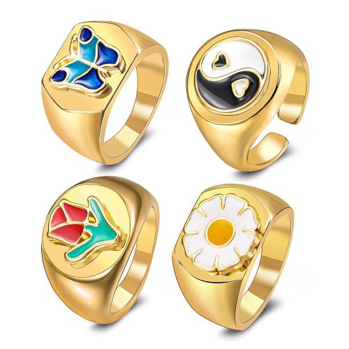 Brass Finger Ring, plated, 4 pieces & for woman & enamel, golden [