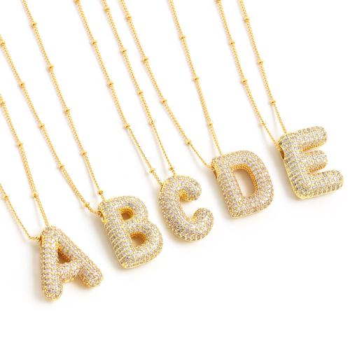 Collier en laiton cubique Zircon Micro Pave, avec 1.96 Inch chaînes de rallonge, Lettre d’alphabet, Placage de couleur d'or, modèles différents pour le choix & pavé de micro zircon & pour femme .71 pouce, Vendu par PC