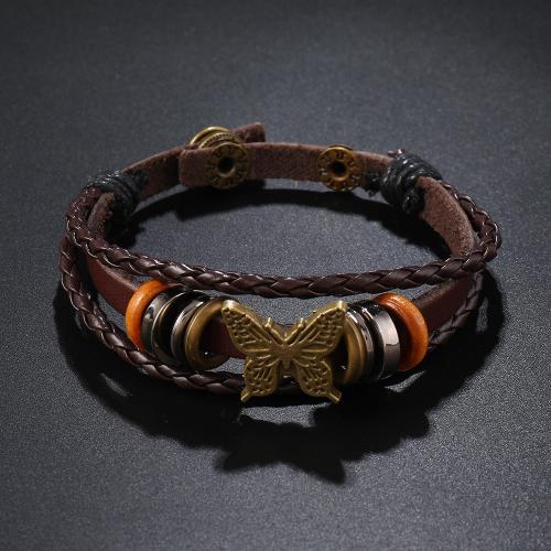 bracelet de cordon en PU , cuir PU, avec corde de cire & bois & plastique revêtu de cuivre & alliage de zinc, fait à la main, trois couches & bijoux de mode & pour homme, plus de couleurs à choisir, Vendu par PC