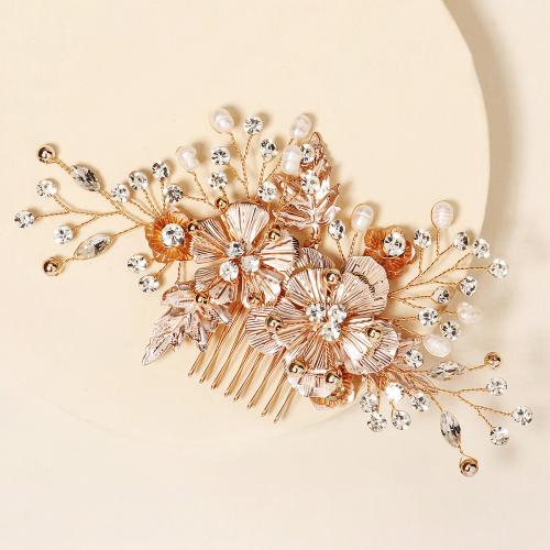 Decorative Hair Combs, Zinc Alloy, with brass wire & Plastic Pearl, for bridal & with rhinestone, golden 