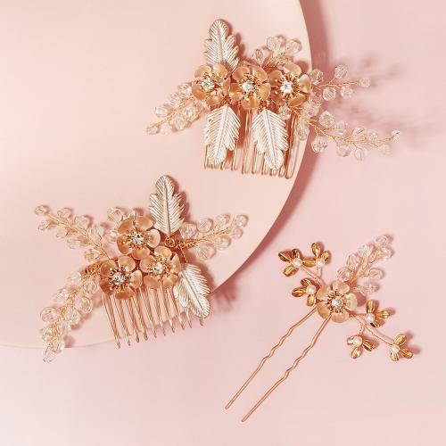 Decorative Hair Combs, Iron, with brass wire & Crystal, three pieces & for bridal & with rhinestone, golden 