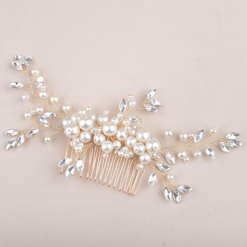 Decorative Hair Combs, Plastic Pearl, with Glass Rhinestone & brass wire, fashion jewelry & for woman 