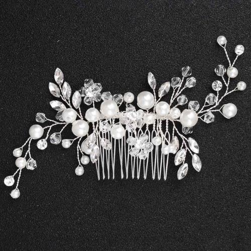 Decorative Hair Combs, Plastic Pearl, with brass wire & Crystal & Rhinestone, fashion jewelry & for woman 