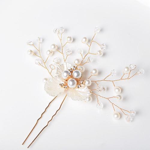 Hair Stick, ABS Plastic Pearl, with brass wire & Rhinestone, fashion jewelry & for woman, golden 