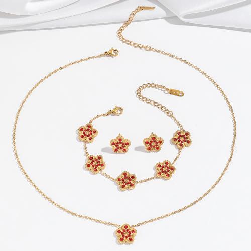 Bijoux strass en acier inoxydable Set, Acier inoxydable 304, fleur, styles différents pour le choix & pour femme & avec strass, doré, Vendu par PC