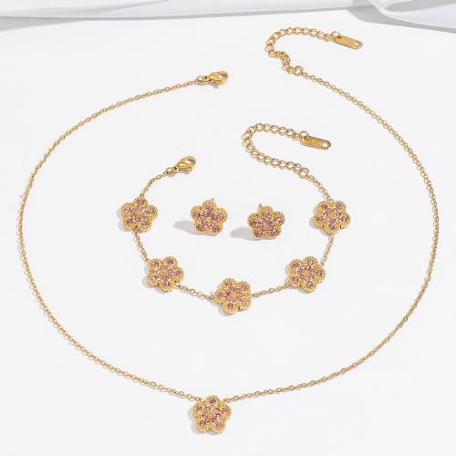 Bijoux strass en acier inoxydable Set, Acier inoxydable 304, fleur, styles différents pour le choix & pour femme & avec strass, doré, Vendu par PC