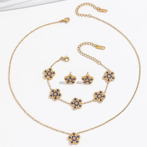 Bijoux strass en acier inoxydable Set, Acier inoxydable 304, fleur, styles différents pour le choix & pour femme & avec strass, doré, Vendu par PC