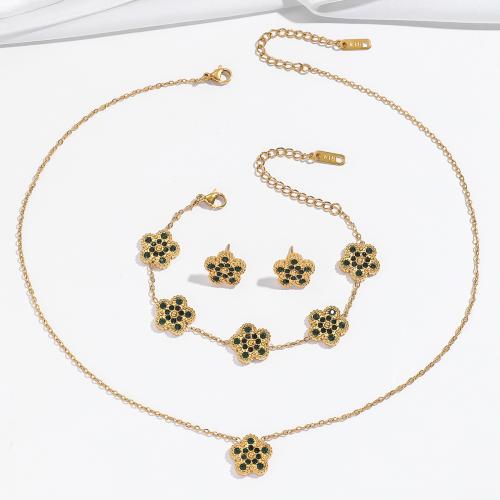 Bijoux strass en acier inoxydable Set, Acier inoxydable 304, fleur, styles différents pour le choix & pour femme & avec strass, doré, Vendu par PC