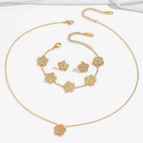 Bijoux strass en acier inoxydable Set, Acier inoxydable 304, fleur, styles différents pour le choix & pour femme & avec strass, doré, Vendu par PC