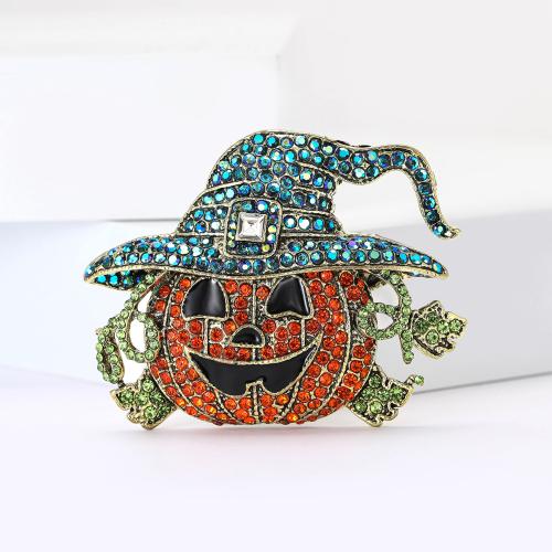 Halloween Brooch, Zinc Alloy, Pumpkin, gold color plated, for woman & with rhinestone, mixed colors [