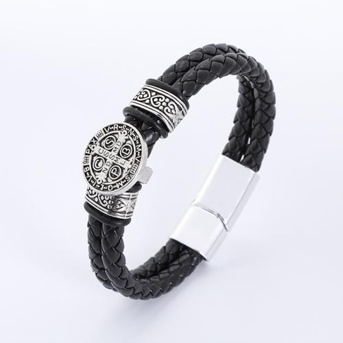 bracelet de cordon en PU , alliage de zinc, avec cuir PU, gravé, Vintage & pour homme, noire, Vendu par PC