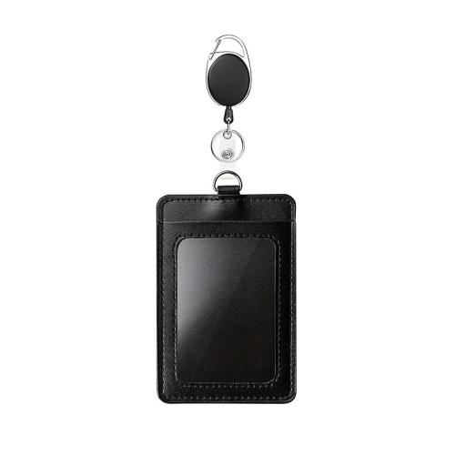 PU Leather Lanyard Card Holder, with Polyester Cord & Zinc Alloy, portable & multifunctional & retractable black 