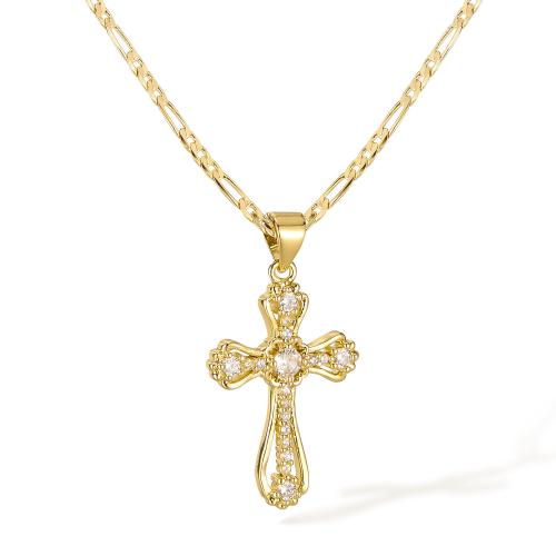 Collier en laiton cubique Zircon Micro Pave, avec zircon cubique, avec 55mm chaînes de rallonge, croix, Plaqué d'or 14K, bijoux de mode & pour femme & creux mm, Vendu par PC