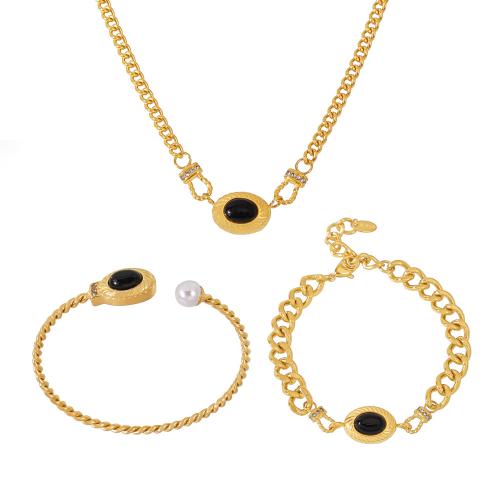 Conjuntos de joyería de acero inoxidable, acero inoxidable 304, con Ágata negra, 18K chapado en oro, diferentes estilos para la opción & para mujer & con diamantes de imitación, dorado, Vendido por UD