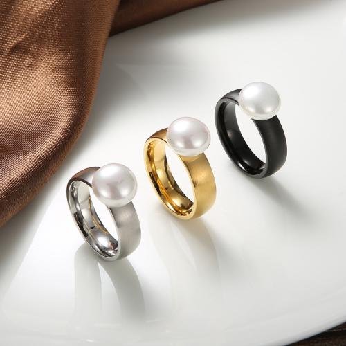 Stainless Steel Finger Ring, 304 Stainless Steel, with Plastic Pearl, Round, plated & for woman 