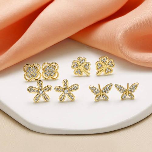 Cubic Zirconia Pendiente Brass Micro Pave, metal, chapado en color dorado, Joyería & diferentes patrones para la opción & micro arcilla de zirconia cúbica, dorado, Vendido por Par