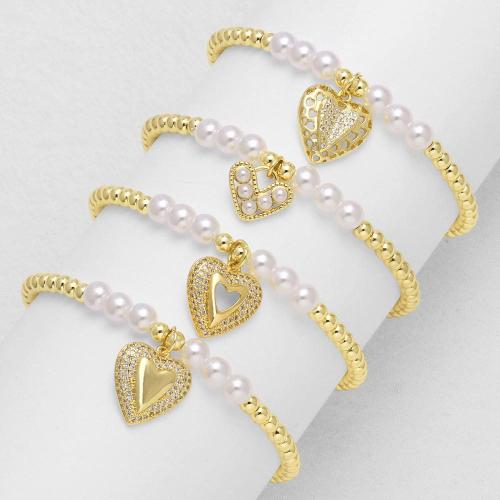 Cúbicos Circonia pulsera Latón de Micro pavimenta, metal, con Perlas plásticas, chapado en color dorado, Joyería & diferentes patrones para la opción & micro arcilla de zirconia cúbica, dorado, Vendido por UD