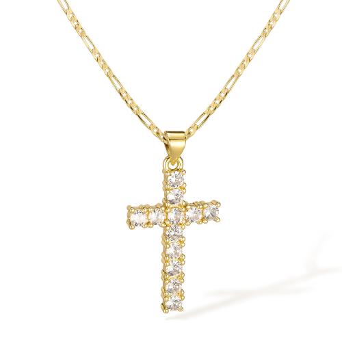 Collier en laiton cubique Zircon Micro Pave, avec zircon cubique, avec 55mm chaînes de rallonge, croix, 14K rempli d’or, bijoux de mode & pour femme mm, Vendu par PC