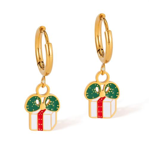 Pendientes de Navidad, acero inoxidable 304, forma de regalo, chapado, Diseño de Navidad & para mujer & esmalte, dorado, Vendido por Par