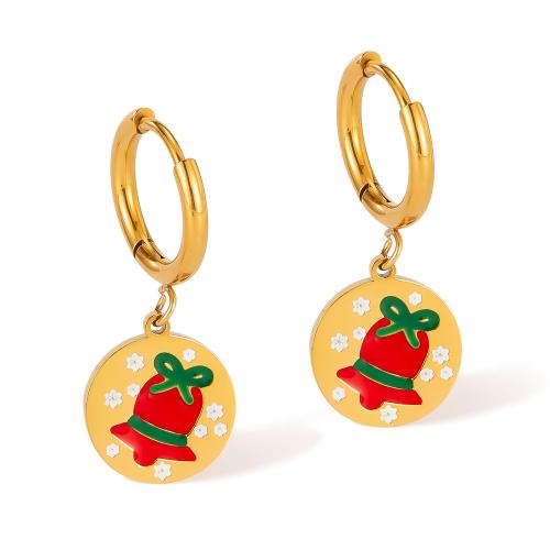 Pendientes de Navidad, acero inoxidable 304, Esférico, chapado, Diseño de Navidad & para mujer & esmalte, dorado, Vendido por Par