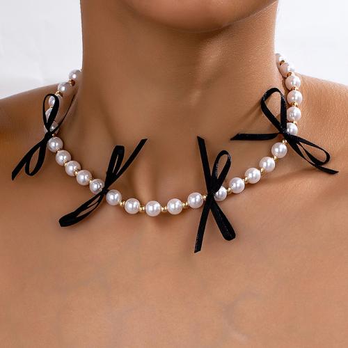 collier d'Émail en alliage Zinc, alliage de zinc, avec Fibre de polyester & perle de plastique, Noeud papillon, Placage, pour femme & émail, doré, Vendu par PC