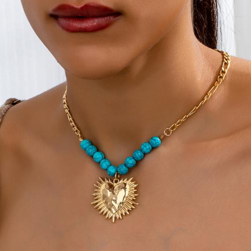 Turquoise Zinc Alloy Necklace, with Synthetic Turquoise, Heart, plated, for woman, gold 