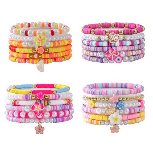 Polymer Clay Bracelets, with Elastic Thread & Plastic Pearl, handmade, 6 pieces & for woman 