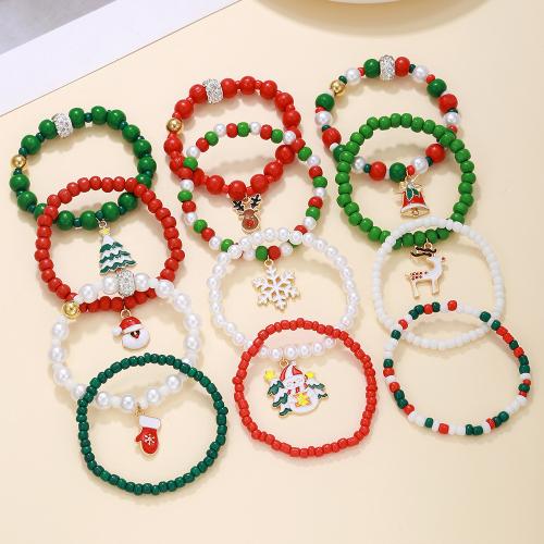 Zinc Alloy Christmas Bracelet, with Elastic Thread & Plastic, handmade, 12 pieces & Christmas Design & for woman, mixed colors [