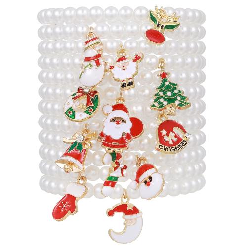 Zinc Alloy Christmas Bracelet, with Elastic Thread & Plastic Pearl, handmade, 12 pieces & Christmas Design & for woman & enamel, white .69 Inch [