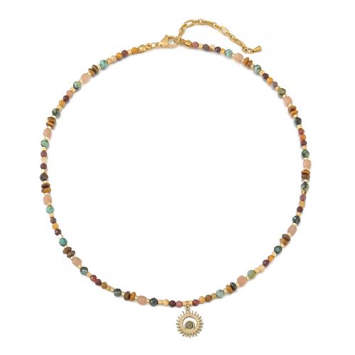 Collar de la joyería de mezclar estilos, acero inoxidable 304, con Turquesa Africana & Ópalo de rosa & Piedra de yema de huevo & Ojo de tigre, hecho a mano, para mujer, multicolor, Vendido por UD