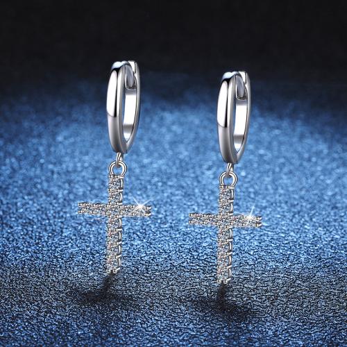 925 Sterling Silver Huggie Hoop Drop Earring, with Moissanite, Cross, fashion jewelry & for woman, earring length 25-35mm, 0.18 carat Moissanite 