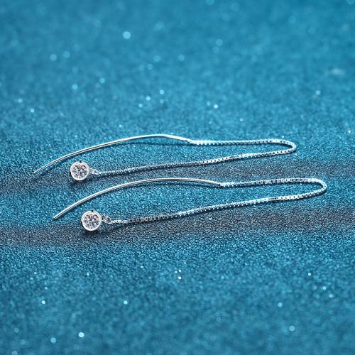 925 Sterling Silver Thread Through Earrings, with Moissanite, Round, fashion jewelry & for woman, earring length 10-15mm 