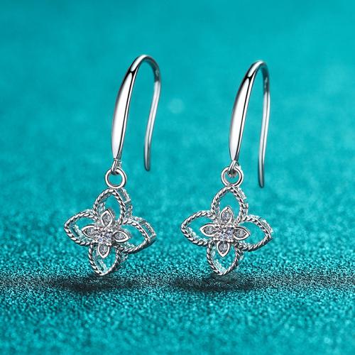 925 Sterling Silver Drop Earring, with Moissanite, Four Leaf Clover, for woman & hollow, earring length 15-25mm, 0.08 carat Moissanite 