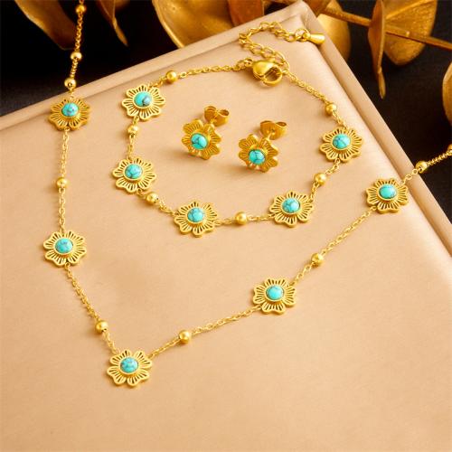 Fashion Stainless Steel Jewelry Sets, 304 Stainless Steel, with Synthetic Turquoise, fashion jewelry & for woman, golden 